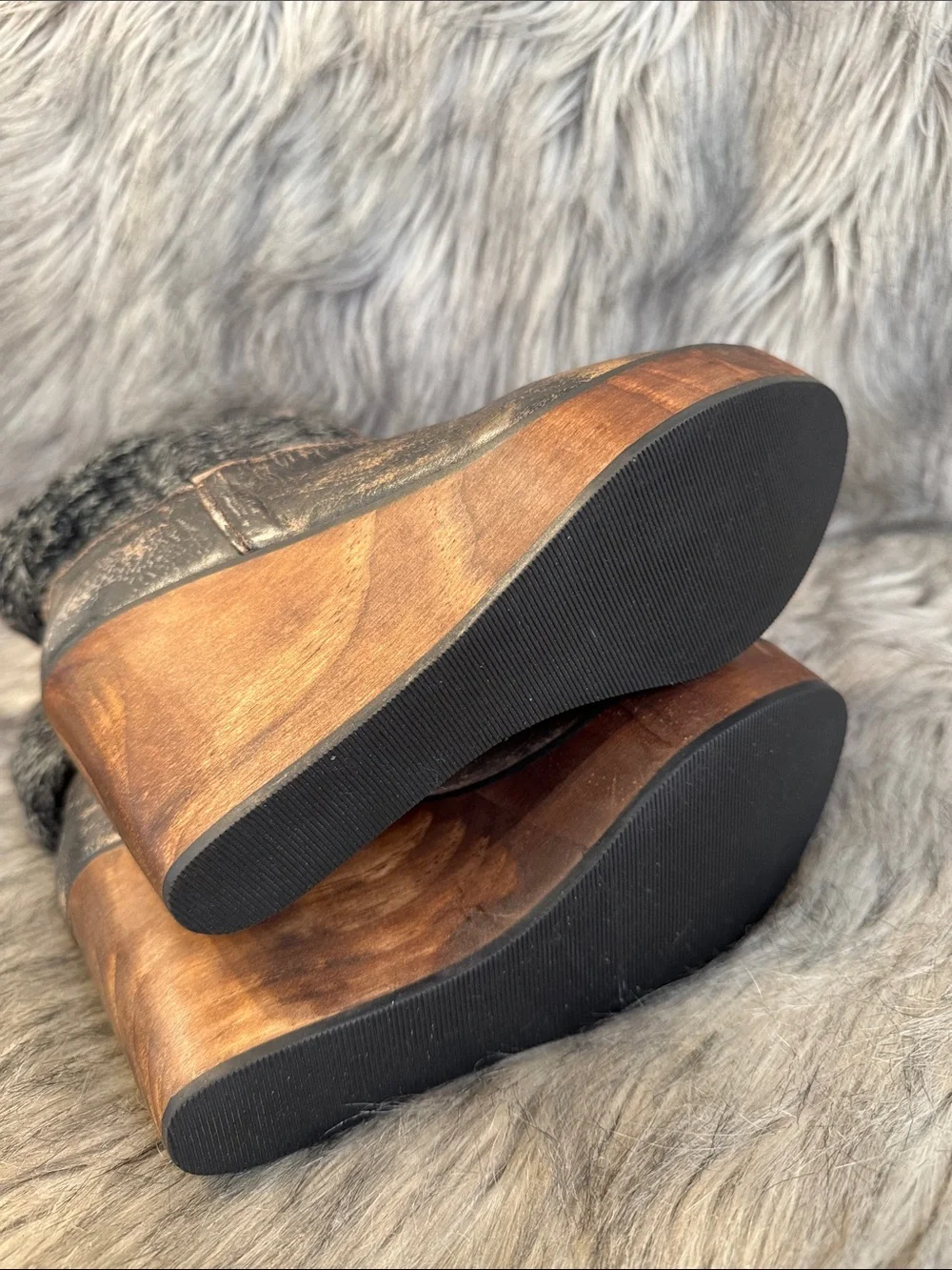 BED|STU Knit-Top Wedge Booties in Distressed Brown and Gray Size 6